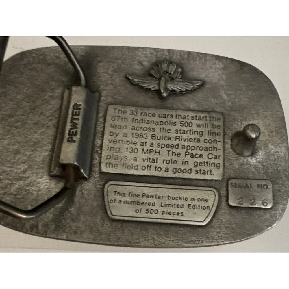 1983 Indianapolis 500 Belt Buckle Limited Edition 226‎ of 500 Pewter Tom Sneva